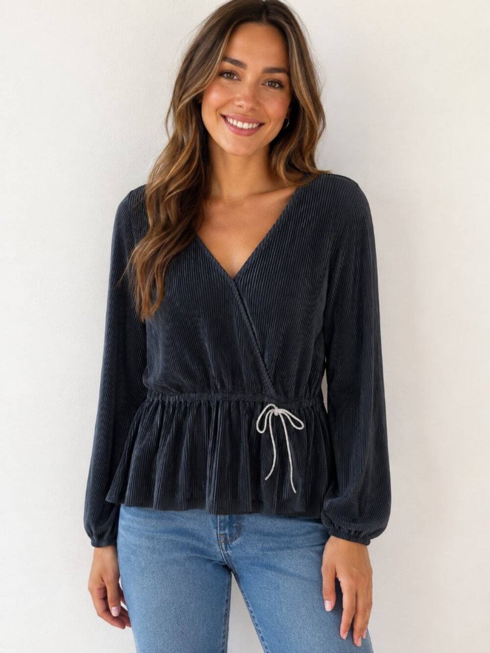 Maurices Black Pleated Rhinestone Tie Peplum Top NWT Small